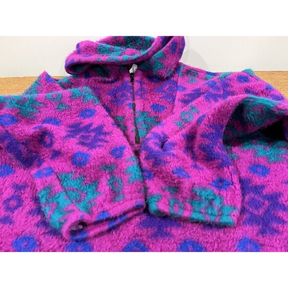 Vintage Fuzzy Sweatshirt Hoodie Sz Large 80s 90s Ski Lodge Neon Retro Grunge - Picture 16 of 16